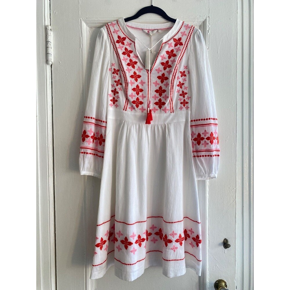 BODEN Marla Embroidered Boho Midi Dress White Red Pink Floral Sz 2R US 6R UK NWT